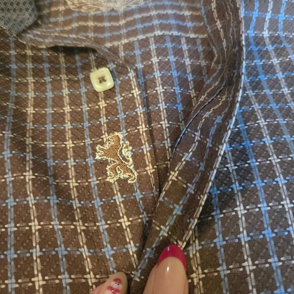 Bugatchi Brown Blue Plaid Button Down Long Sleeve Shirt Medium - Picture 9 of 11